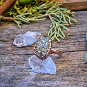 
                  
                    Load image into Gallery viewer, Pyrite Druzy &amp;amp; Copper Ring Size 7.5
                  
                